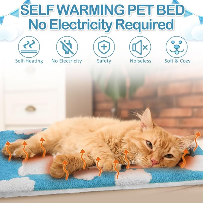 2 Pack Self Warming Cat Mat Self Heating Pad Bed Reversible Machine Washable Reflects Body Heat Warm Thermal Pet Pad Crate Blanket for Feral and Indoor Cat (Blue, White,21" X 14",Clouds)