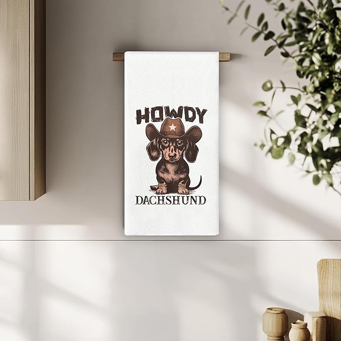 Howdy Dachshund Dish Towels - Dachshund Gifts for Women, Dachshund Decor, Dachshund Stuff, Western Dachshund Weiner Dog Microfiber Hand Towels for Bathroom Kitchen 16x24 Inch