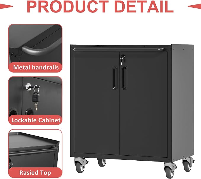 Metal Garage Tool Cabinet with 2 Lockable Doors & Wheels,Black | Steel Storage Cart,Heavy Duty Rolling Chests,Mobile Tool Cabinets,Assembly Required