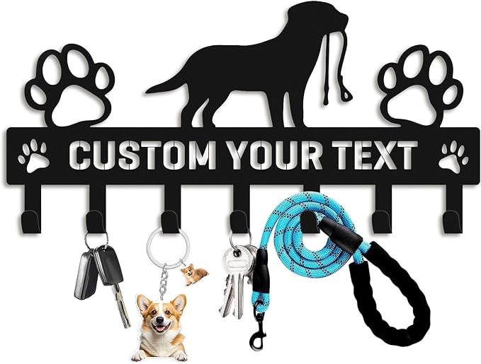 Personalized Dog Leash Holder for Wall, Custom Pet Key Hook Rack | Dog metal leash holder for wall with custom text, keeps keys, collars and leashes organized, ideal pet lover gift