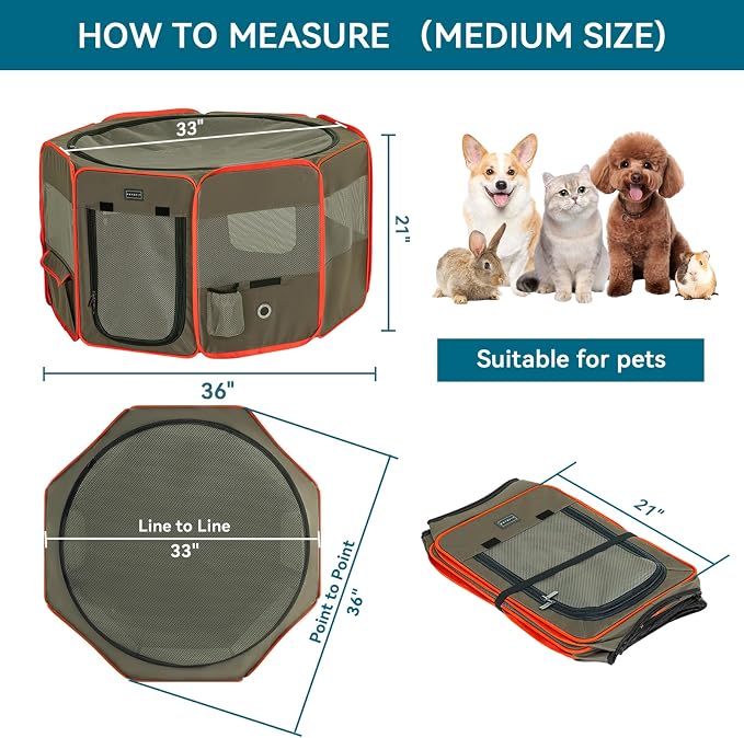 Petsfit Portable Dog Playpen 36" Portable Pet Play Pens for Small Medium Dogs, Puppy Playpen Indoor/Outdoor with Carring Case, Removable Zipper Top and Bottom,Medium (36"x36"x21") | Dual Zipper Doors, Sturdy Foldable, Removable Mesh Top, Leakproof Bottom