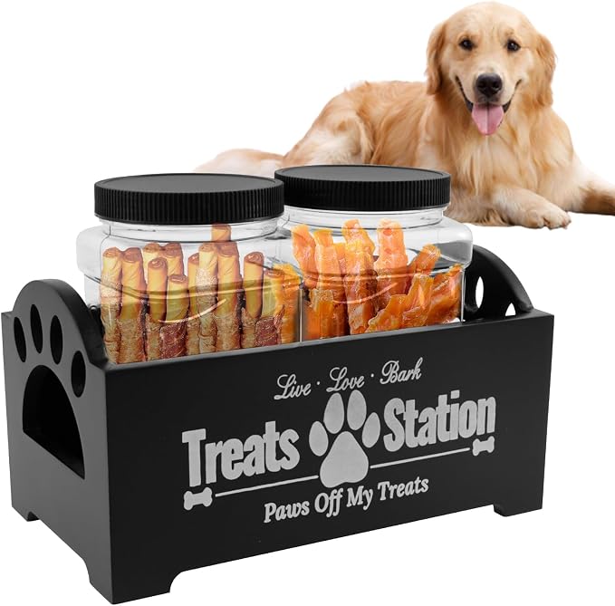 Dog Treat Container Wood Dog Food Storage Container with 2 Plastic Cat Dog Treat Jars Pet Food Organizer Rustic Cat Treat Container Pet Treat Storage Organizer for Pet Owners and Lovers (Black)