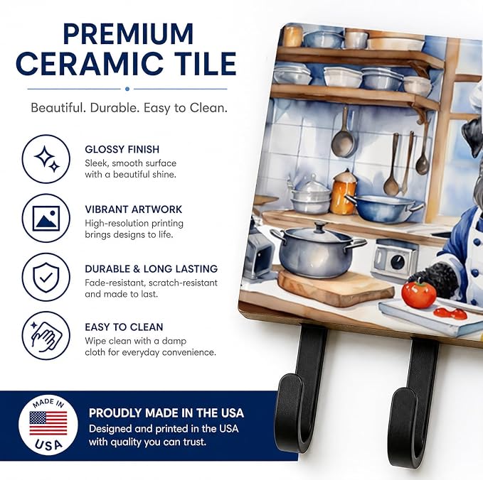 Caroline's Treasures Kerry Blue Terrier The Chef Leash or Key Holder Wall Hooks, Key Hooks Holder, Coat Rack Wall Mount, Coat Hooks, Hooks for Hanging Keys, Towels, Aprons, Leashes | Kerry Blue Terrier The Chef artwork on ceramic tile with three steel ...