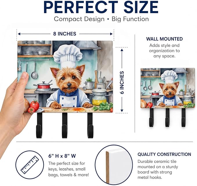 Caroline's Treasures Australian Terrier The Chef Leash or Key Holder Wall Hooks, Key Hooks Holder, Coat Rack Wall Mount, Coat Hooks, Hooks for Hanging Keys, Towels, Aprons, Leashes | Australian Terrier The Chef artwork on ceramic tile with three steel ...