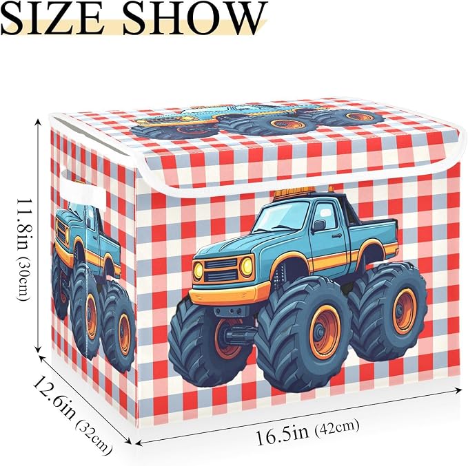 Cartoon Truck Fabric Storage Bins with Lid Closet Storage Basket 40L | Decorative Storage Boxes, Dust-Proof Flip Top, Reinforced Handles, For Home & Bedroom, Clothes & Toy Box, Cartoon Print