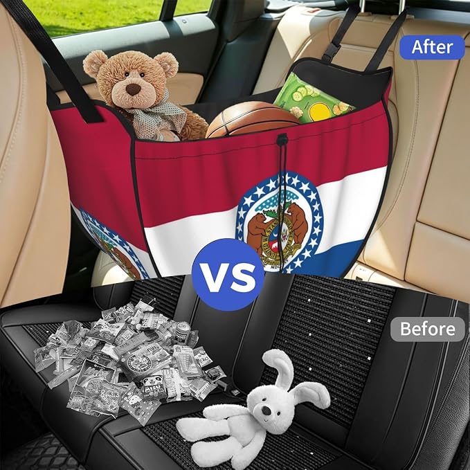 Missouri State Flag Car Seat Organizer-Backseat Storage Bag for Travel | Waterproof Durable. Holds Snacks Gear Essentials. Fits Most Cars.