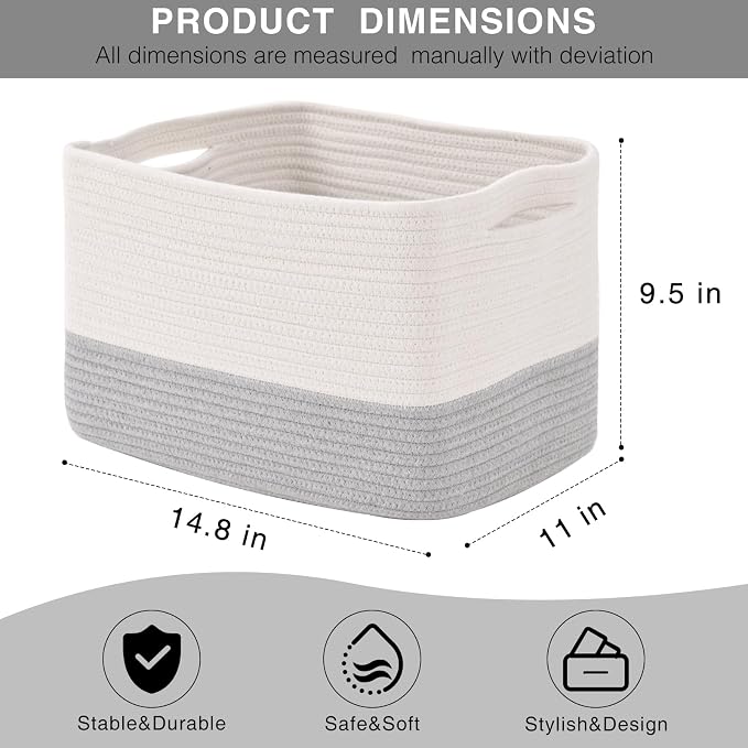Grey Storage Baskets for Organizing Shelves, Woven Cotton Rope Baskets for Storage, Dog Toy Basket Storage Kids, Gray Shelf Basket, 14.8"×11"×9.5", Pack of 3, Off White & Grey