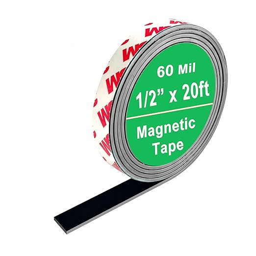 Magnetic Tape with Adhesive, 0.5in x 20ft- Magnet Strips for DIY Crafts & Fridge Organization