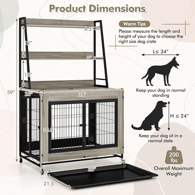 PETSITE Portable Dog Crate Furniture with Storage Shelves, 59 Inch Wooden Dog Kennel with Flip-up Top, 3 Lockable Doors and Removable Tray, Ideal for Small to Medium Dogs (Grey)