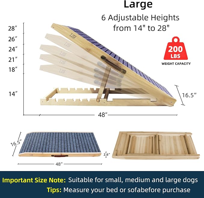 ZJSF Foldable Wooden Dog Ramp for High Bed, Dog Stairs for Small Dogs, High Traction Platform with 6 Adjustable Heights (14"-28"), 48" L, Supports up to 200 lbs