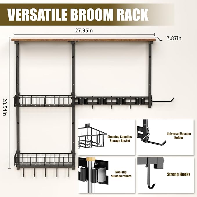Broom Holder Wall Mount，With A Storage Basket Cleaning Tool Storage Rack | Multifunctional Broom And Mop Organizer Wall Hanger,Suitable Laundry Room 、Garage 、Kitchen Wall-mounted Storage Rack （Black）