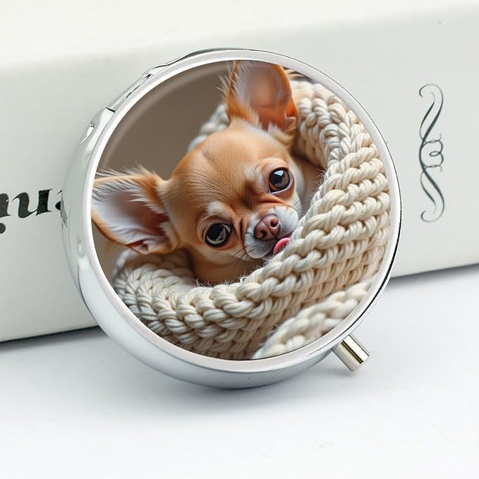 Cute Brown Chihuahua Metal Pill Organizer with Mirror, 3-Compartment Travel Pill Box, 2-Inch Round Pocket Medicine Case with Secure Latch, Portable Vitamin Holder for Women & Men