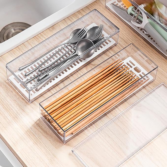 Transparent Flatware Tray Kitchen Drawer Organizer With Lid - Plastic Kitchen Cutlery Tray and Utensil Silverware Storage Container with Cover - Dinnerware Holder for Spoons Forks Knives