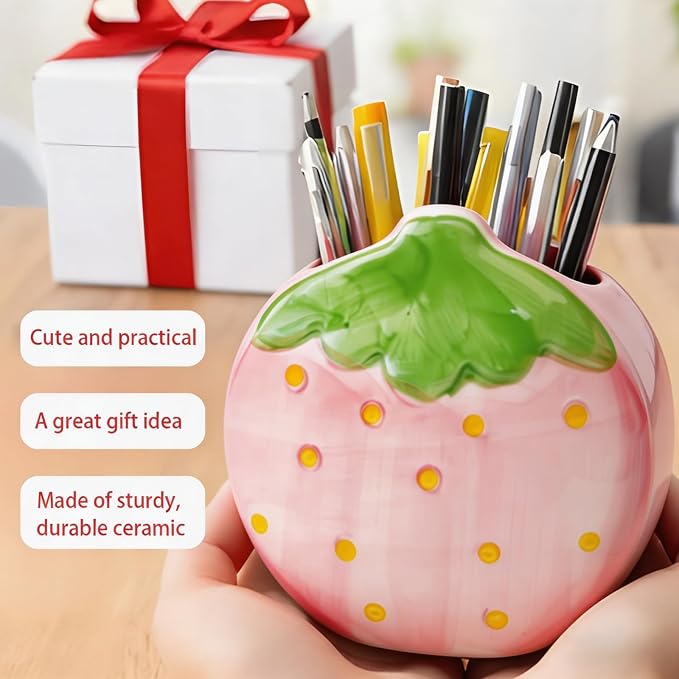 Ceramic Strawberry Shaped Pen Pencil Holder for Desk Decoration Accessories Strawberry Decor Makeup Brush Pen Cups Succulent Plant Pot Office School Ideal Gifts for Women, Mom or Birthdays (pink)
