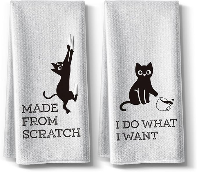 Cat Themed Funny Dish Towels, 16 x 24Inch, 2 Pack, Flour Sack, High Absorbent Tea Towels for Cat Lovers