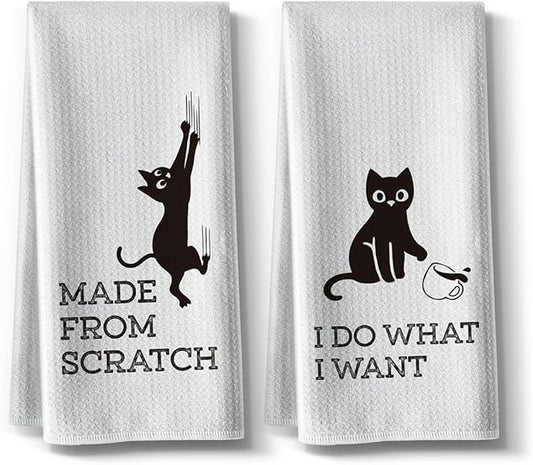 Cat Themed Funny Dish Towels, 16 x 24Inch, 2 Pack, Flour Sack, High Absorbent Tea Towels for Cat Lovers