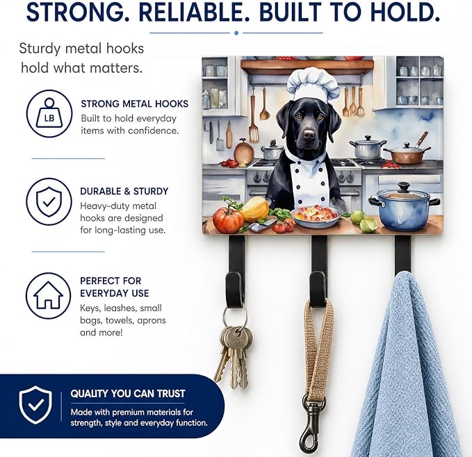 Caroline's Treasures Black Labrador Retriever The Chef Leash or Key Holder Wall Hooks, Key Hooks Holder, Coat Rack Wall Mount, Coat Hooks, Hooks for Hanging Keys, Towels, Aprons, Leashes | Black Labrador Retriever The Chef artwork on ceramic tile with ...