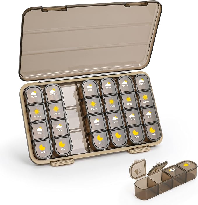 Acedada Pill Organizer 4X A Day, 7 Day Pill Box 4 Times A Day, Brown | Large Weekly Pill Box, Travel Medicine Organizer Case, Easy to Open, Daily Pill Container for Vitamin, Fish Oil, Supplements