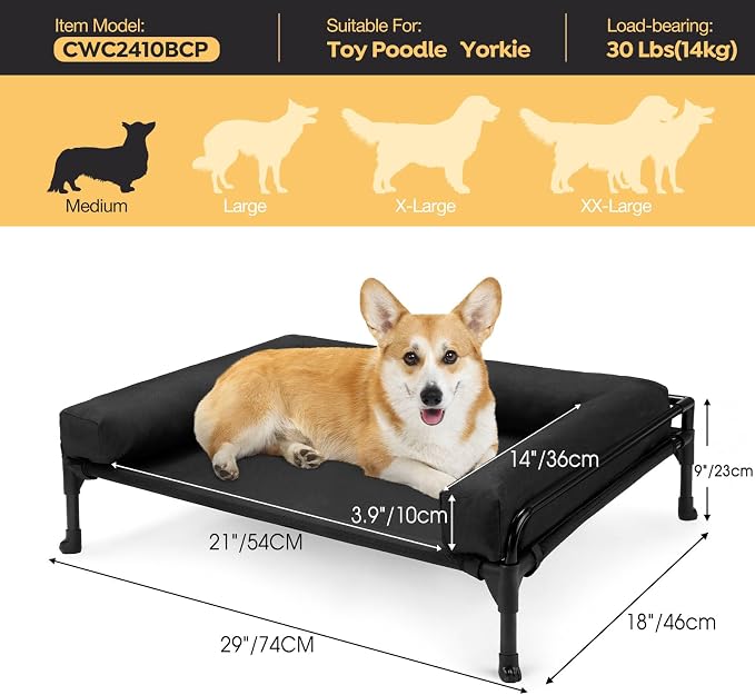 Veehoo Outdoor Elevated Dog Bed-Cooling Raised Dog Cot for Medium Sized Dog | Three-Sided Fence Raised Pet Cot with Mesh & No-Slip Feet Dog Hammock Bed with Removable Bolster-29" x 18" Black