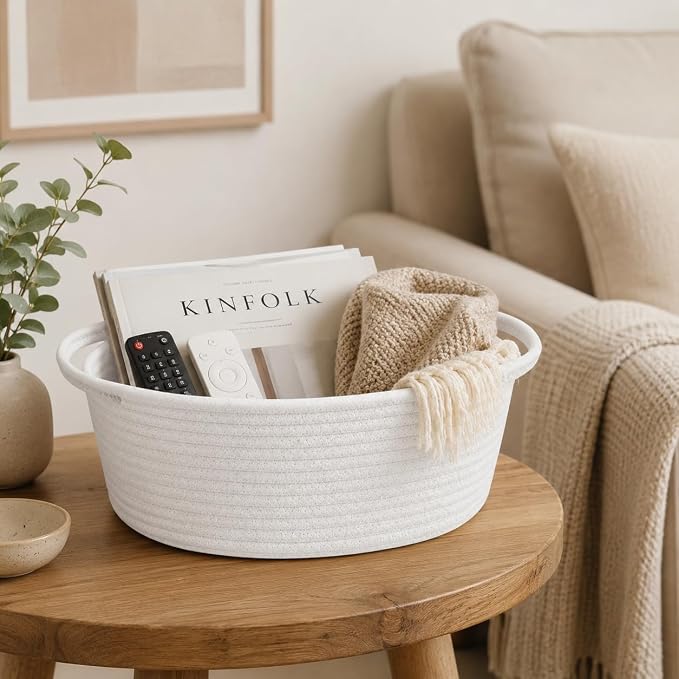 ABenkle Small Basket with Handles, Boho Decorative Rope Woven Dog Cat Toy Storage Bin Shelf Storage Organizer, Easter Christmas Gift Basket, 12"x8"x5", 2 Pack