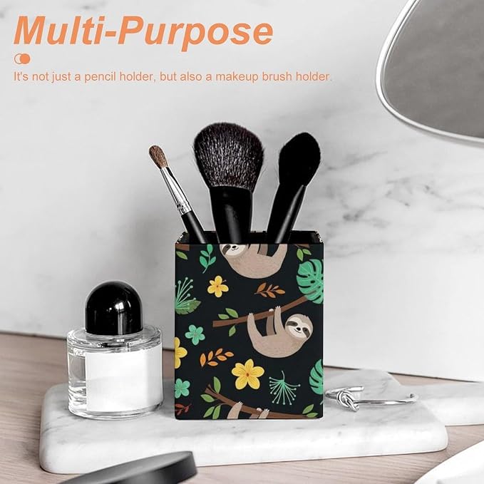 Pen Organizer Pencil Holder, Makeup Brush Organizer Pu Leather Desktop Holder Box Floral Flowers Cute Branch Sloth Desk Decor Accessories