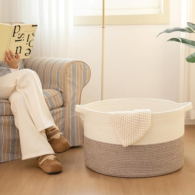 OIAHOMY 90L XXXLarge Blanket Basket for Living Room, 21.7" x 13.8" Woven Cotton Rope Laundry Basket for Organizing Pillows, Decorative Stuffed Animal Toy Storage for Nursery, Lighe Grey and Dark Grey