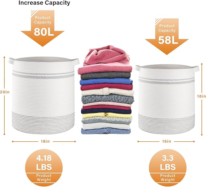 OIAHOMY 80L Laundry Basket, Laundry Hamper, Cotton Rope Storage Basket with Handles, Decorative Woven Basket for Living Room,Storage Baskets for Clothes, Blankets, and Toys -20''×18'', White&Gray | Tall Dirty Clothes Hamper with Handle,Blanket Basket,D...
