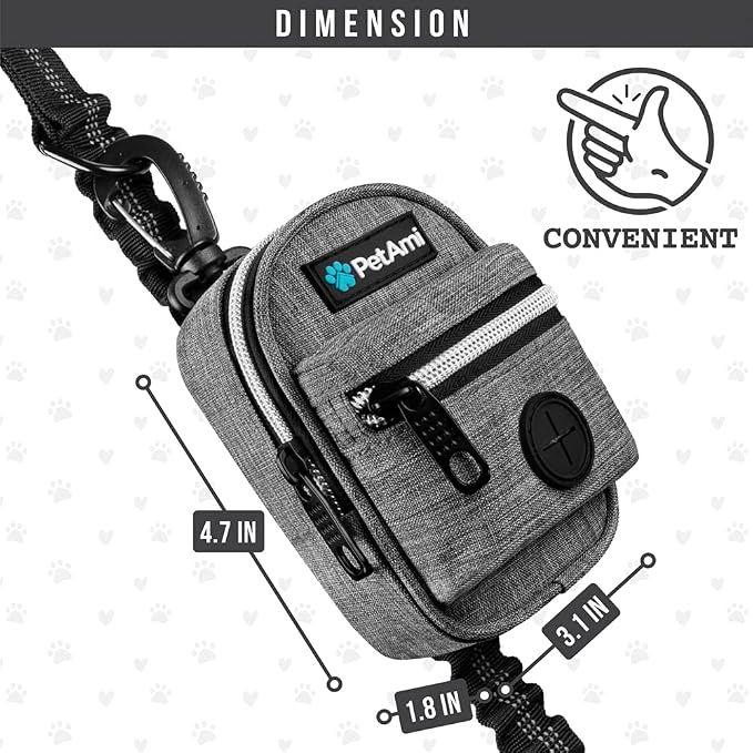 PetAmi Dog Poop Bag Holder for Leash, Waste Bag Dispenser Pet Pouch, Grey | Doggy Puppy Walking Accessories Travel Camping, Dog Treat Pouch Supplies Must Have, Doggie Poo, Jogging, Walks