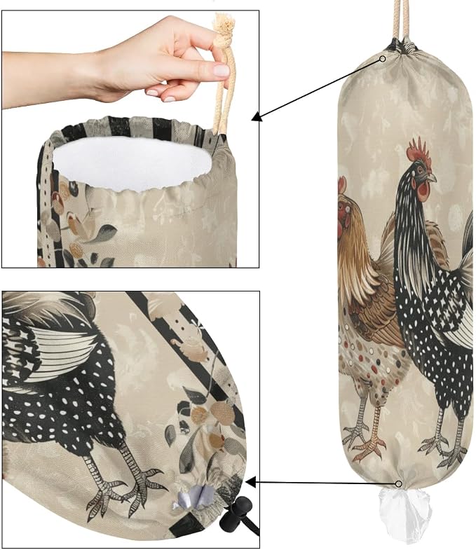 Vintage Chicken Plastic Bag Holder Leaves Rustic Farm Rooster Grocery Bag Storage Dispenser Washable Hanging Shopping Bags Carrier Reusable Wall Mount Trash Bag Organizer for Kitchen Pantry