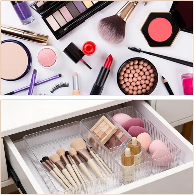 4 PCS Drawer Organizer Set, 4 Different Size Stackable Trays | Transparent Kitchen Desktop Organizer Bins for Makeup, Office Supplies, Utensils Storage