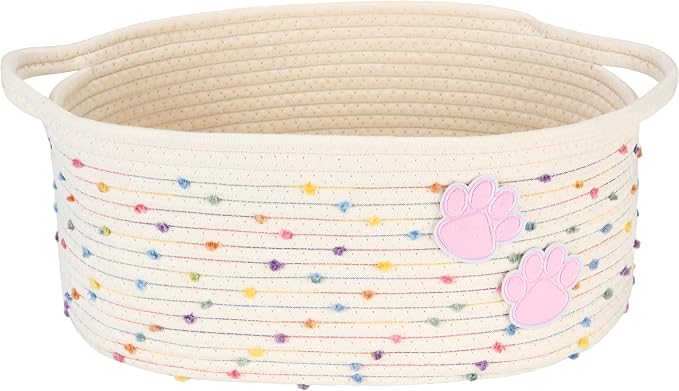 Sea Team Pet Toy Basket with Handles for Cats and Dogs, Rainbow Paw | Large Cotton Rope Storage Bin, Shelf Basket, Organizer for Pet Chew Toys, Foods, 16.5 x 11 x 7 Inches, 4.4 Gallons