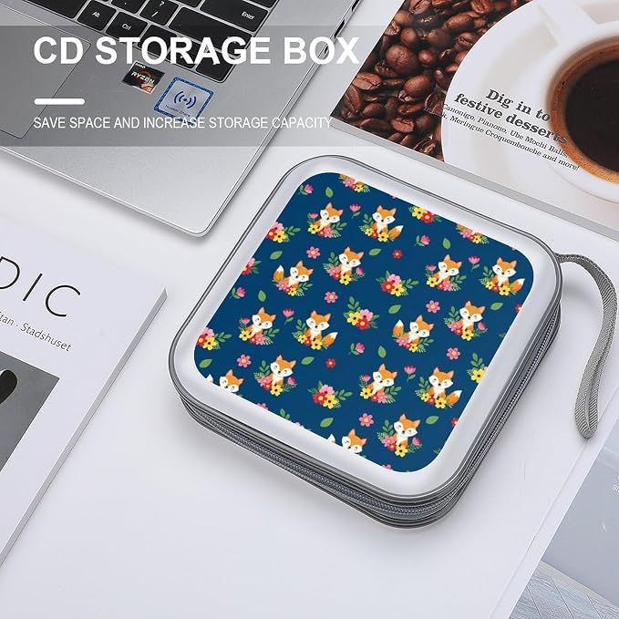 Portable Protective CD Holder Cute Fox, 40-Disc Hard Case with Zipper, Storage Binder for Music Movies Game Collections