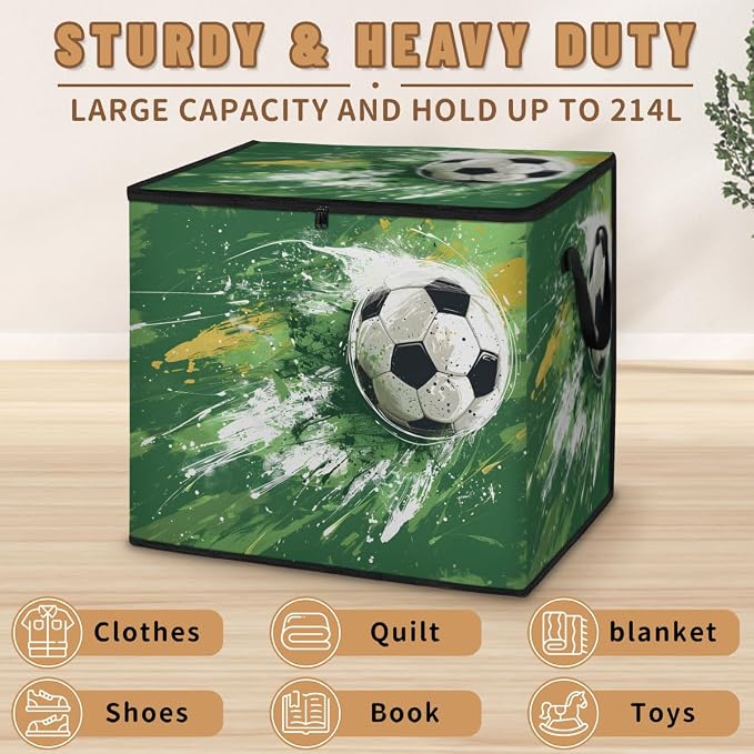 Soccer Large Storage Bags, Fabric Bed Storage Containers, Foldable Closet Organizers for Blanket, Clothing, Comforter, Bedding, Sports Theme
