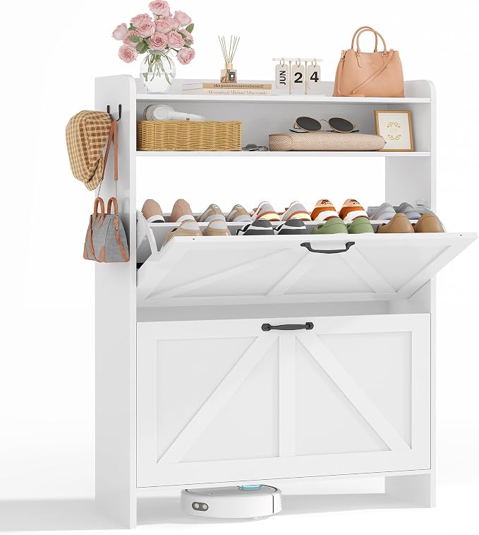 Shoe Storage Cabinet with 2 Flip Drawers for Entryway,Hallway | 9.4"Deep,Freestanding Shoes organizer,Adjustable & Removable Shelves,2 Hooks,Anti-tip Device,White