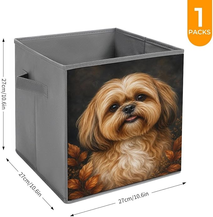 Shih Tzu Dog Portrait Autumn Leaves Storage Bin with Handles, Oxford Fabric Foldable Storage Cube Organizer for Clothes, Towels, Bedroom, Living Room, Home Organization