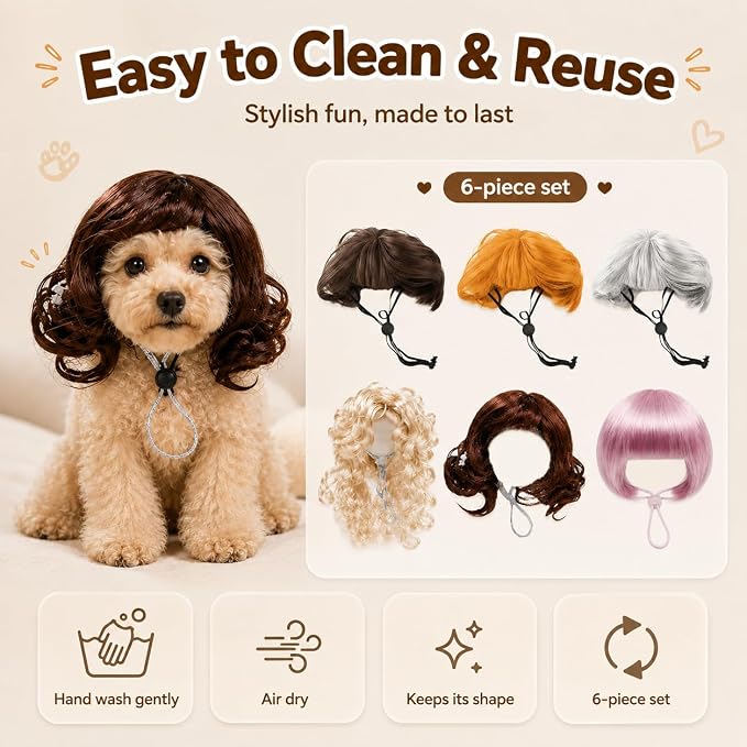 Funny Dog Wigs and Cat Wig Set, 6 Pack Pet Costume Hairpieces | Adjustable Pet Costume Hairpieces with Elastic Strap, Soft Breathable Cosplay for Small Medium Dogs Cats Halloween Party