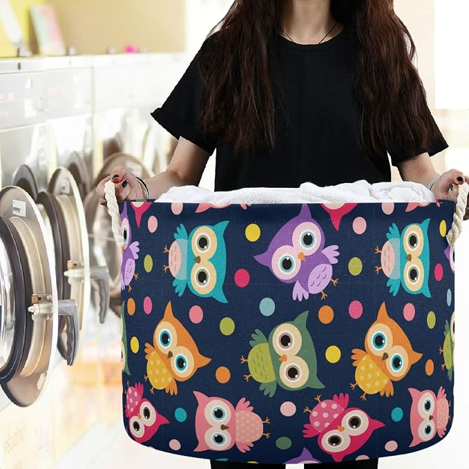 visesunny Storage Basket Colored Cartoonn Owl Dot Nursery Hamper Basket Clothes Toy Storage Organizer Bin Box Collapsible Laundry Bag for Kid Room,Playroom,Bathroom,Living Room,Dorm,Office
