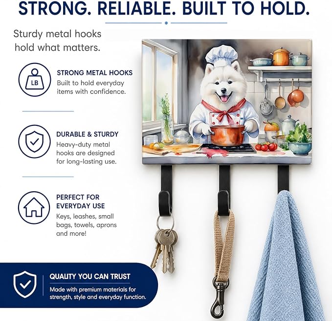 Caroline's Treasures Samoyed The Chef Leash or Key Holder Wall Hooks, Key Hooks Holder, Coat Rack Wall Mount, Coat Hooks, Hooks for Hanging Keys, Towels, Aprons, Leashes | Samoyed The Chef artwork on ceramic tile with three steel hooks for keys, leashe...