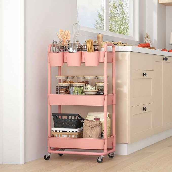 3-Tier Plastic Rolling Storage Cart Utility Cart Pink | Utility Cart with Extra Hanging Cups Arc-Shaped Handles Lockable Wheels for Living Room Bathroom Kitchen Office