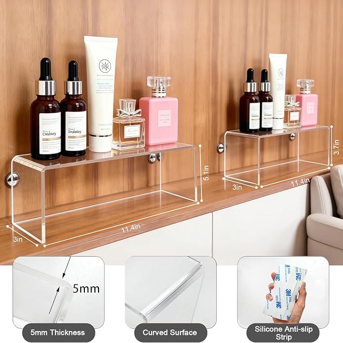 2 Pack Acrylic Medicine Cabinet Organizer Clear Shelves 2 Sizes | Includes 1 Small 11.4 x 3 x 3.7 Inch and 1 Large 11.4 x 3 x 5.1 Inch Shelf with 2 Non Slip Pads