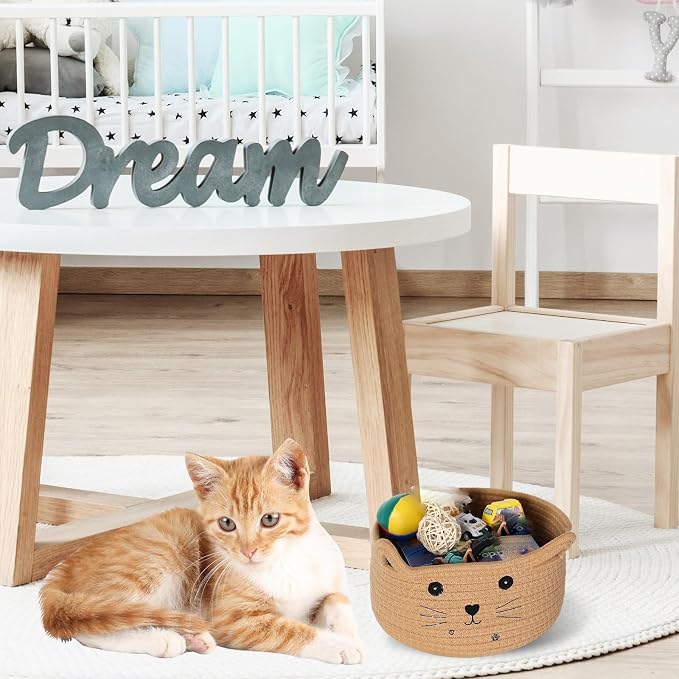 Zopeal Cat Storage Basket Woven Organizer with Ears Decorative Gift Cute Cotton Rope Pet Toy Basket for Gift Cat Dog Toy Bin Nursery Room(8.3 x 4.7 Inch,Khaki)