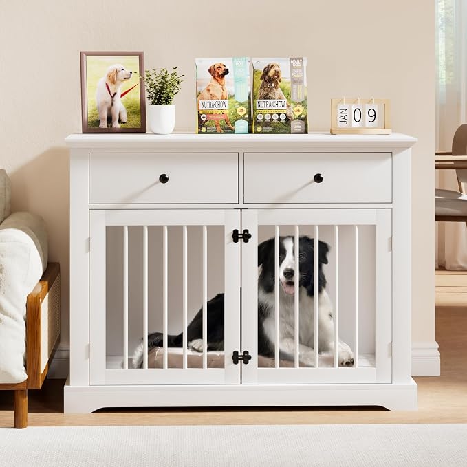 44inch Large Dog Crate Furniture with Storage Drawers for Indoor, White | Large Decorative Wooden Dog Kennel Indoor with Storage Drawers, Multipurpose End Table Cage Suitable for Small Dogs