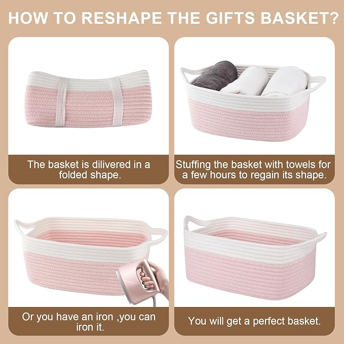 OIAHOMY Woven Basket, Gift Basket Empty with Gift Bags and Ribbons, Rope Baskets for Baby Showers, Storage Baskets with Handles for Nursery, Pet Toy Organizer - Pink & White