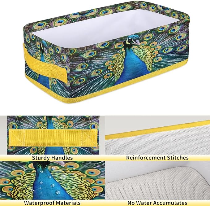 Peacock Beautiful Feathers Bathroom Storage Basket, Foldable with Handle Open Countertop Paper Towel Decorative Box, Toilet Tank Top Shelf Baskets for Home Closet Bedroom Living Room Office