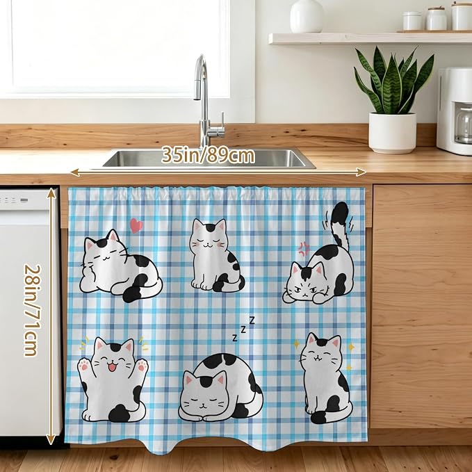 Cute Cat Cabinet Curtain 28"Wx35"L, Dustproof Under Sink Skirt with Self Adhesive Tape, Modern Playful Pet Cats Blue Purple Plaid Cabinet Curtain Cover for Bathroom Vanity, Kitchen Sink, Laundry Room