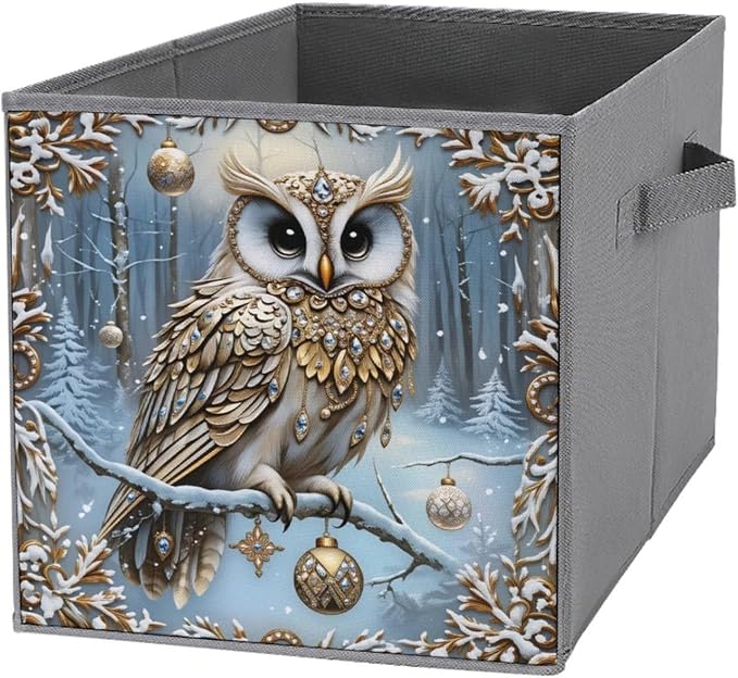 Christmas Owl Foldable Storage Bins, 10.6" Cube Storage Organizer, Sturdy Oxford Cloth Fabric Baskets for Closet, Shelf, Nursery, Bedroom, Decorative Printed Box for Toys & Clothes