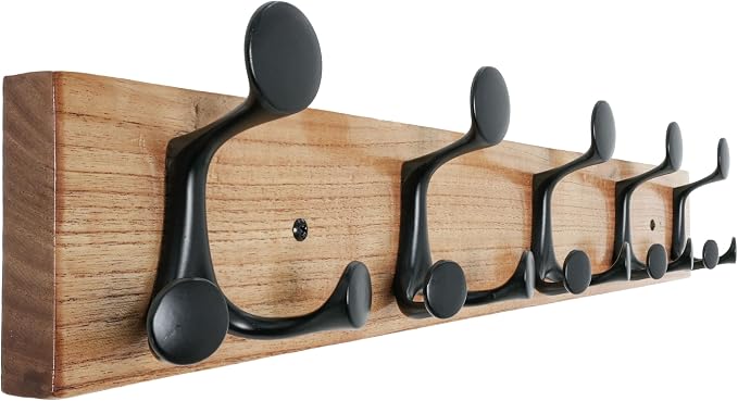 SKOLOO 24-Inch Wood Coat Rack Wall Mount with 5 Triple Hooks - Ideal for Family Entrances, Classrooms, and Pet Supplies Storage - Perfect Coat Hooks for Wall, Black on Natural