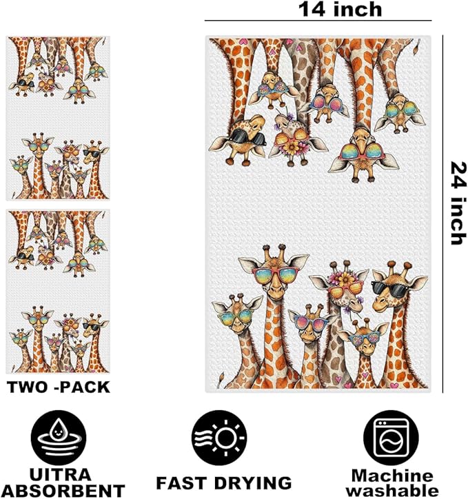 Hanamiya Na 2 Pcs Funny Giraffe Kitchen Towels 24x14 Inch, Giraffes Reusable Dish Towels for Kitchen Bathroom Decor, Waffle Weave Hand Cloth Tea Towel, Giraffe Gifts for Women Friend Boys Girls