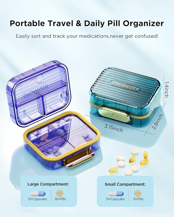 Acedada Small Pill Box, Travel Pill Organizer for Purse, Purple | 7-Compartment Moistureproof Pill Case, Daily Pill Container, Portable Medicine & Vitamin Holder for Fish Oil & Supplements