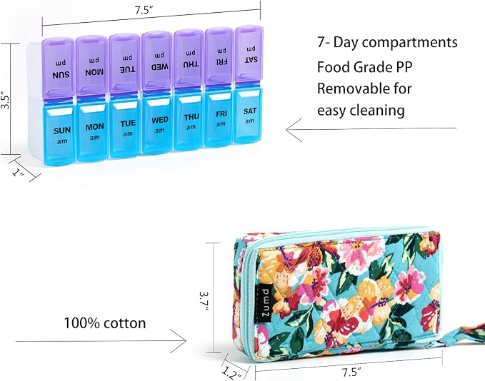 Weekly Pill Organizer 2 Times a Day, Zumd Pill Box 7 Day with Cute Quilted Fabric Zipper Case, Travel Pill Case Am Pm for Vitamin Medicine Organizer